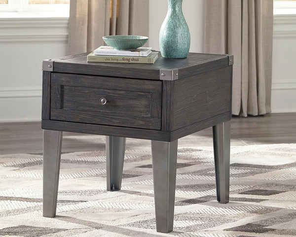 Todoe dark gray rustic industrial end table set angled front view