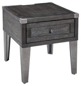Todoe end table showing metal legs and corner brackets