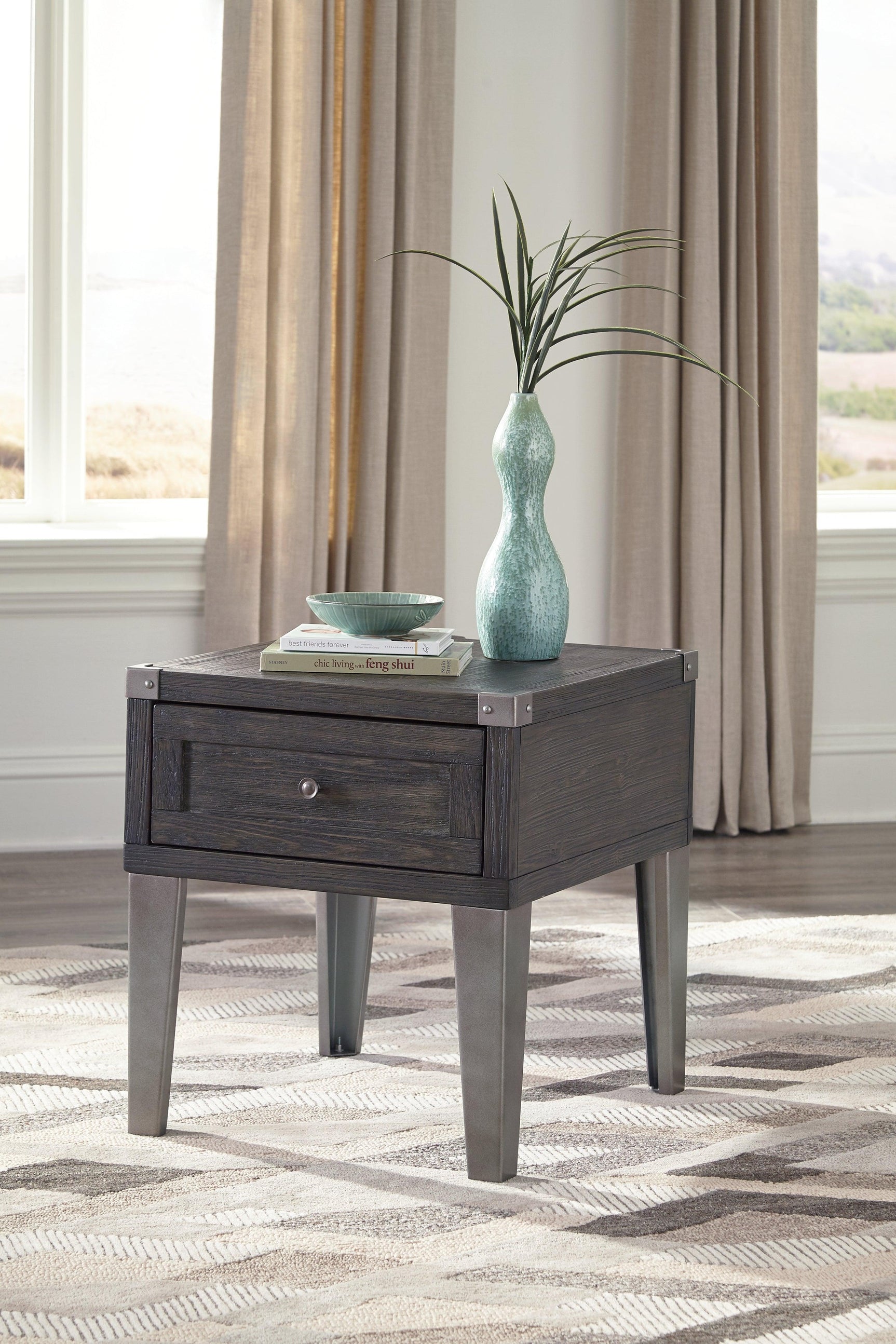 Close-up of smooth-gliding drawer on Todoe end table