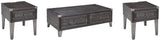 Close-up of Todoe coffee table showing dark gray weather-washed pine wood finish