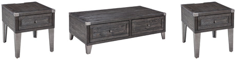 Close-up of Todoe coffee table showing dark gray weather-washed pine wood finish