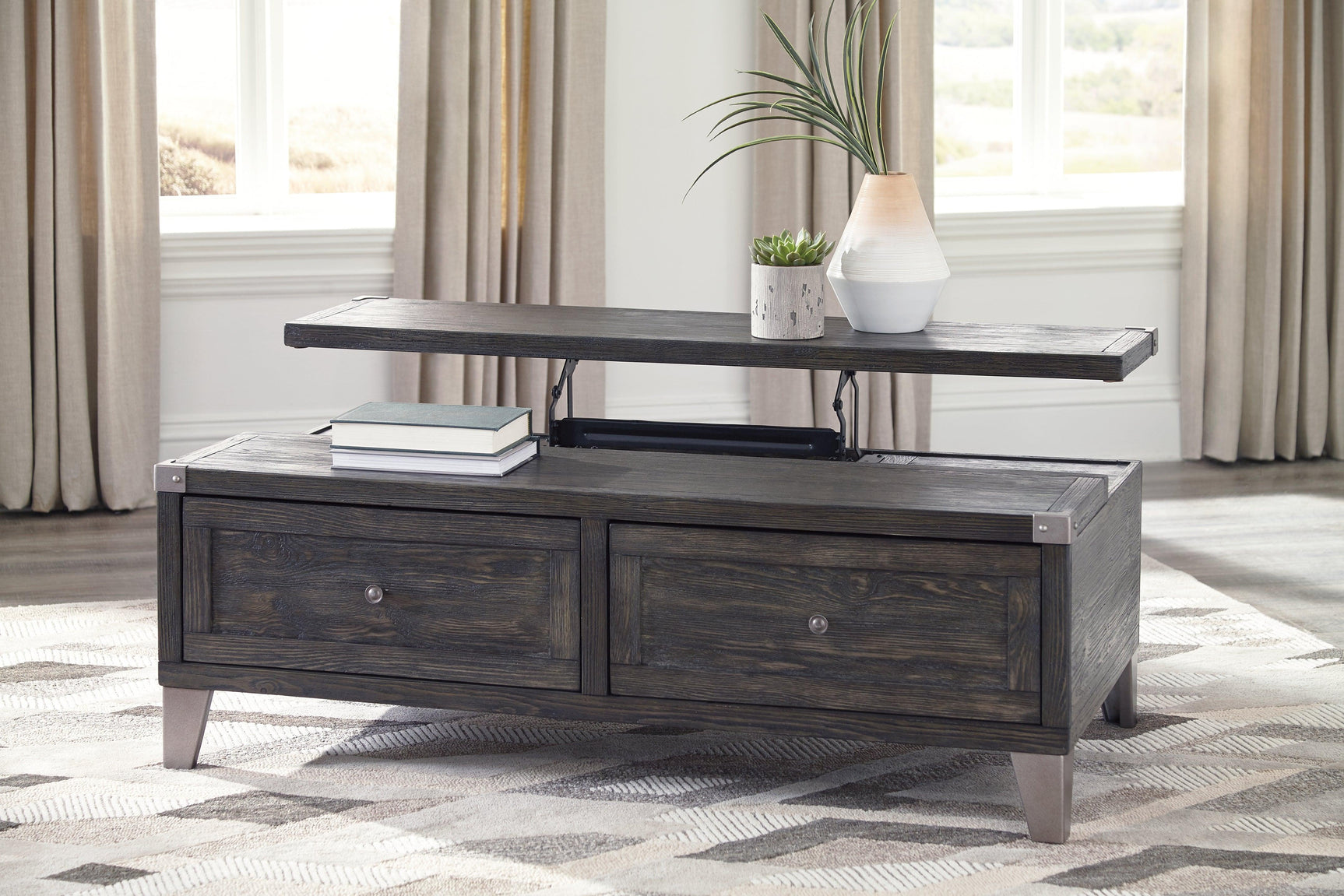 Open lift top showing storage space inside Todoe Coffee Table