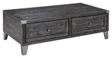 Todoe Coffee Table side view showing metal legs and corner brackets