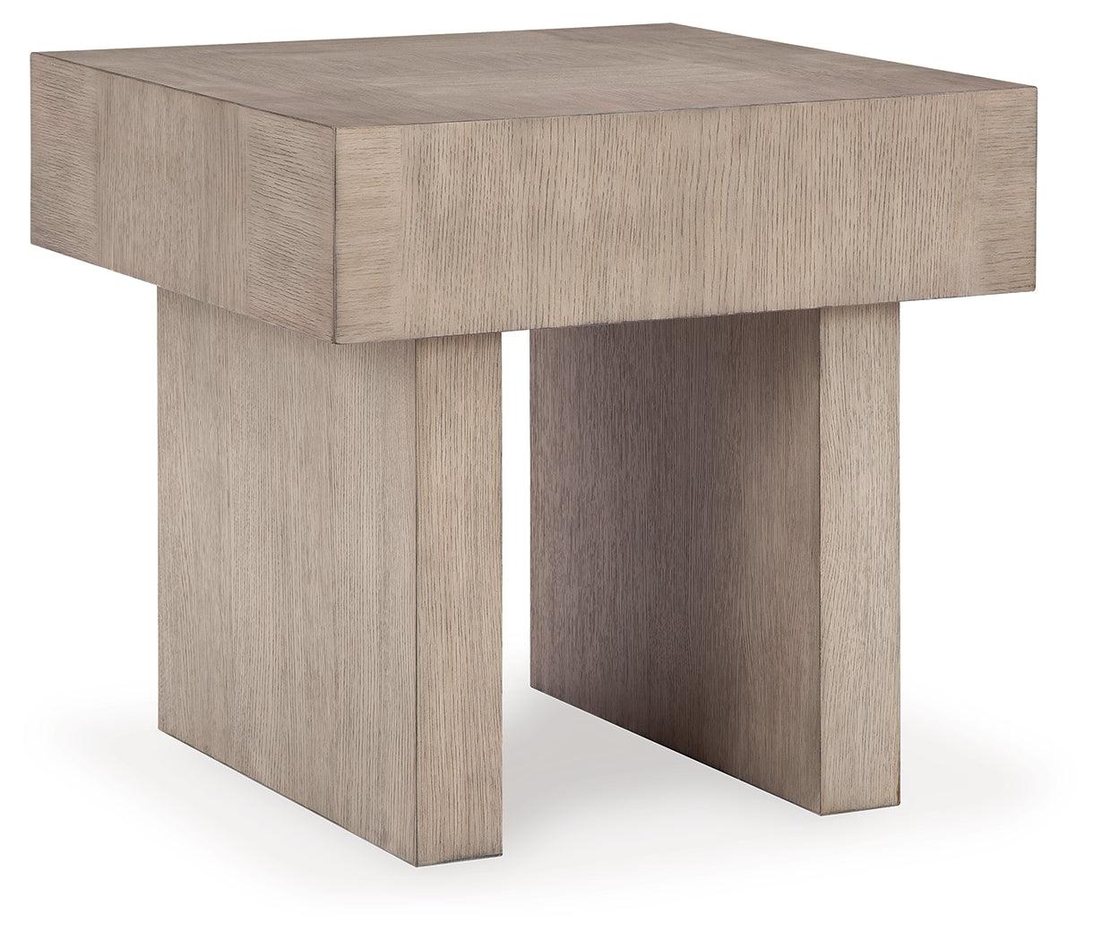 Jorlaina Light Grayish Brown End Table side angle view