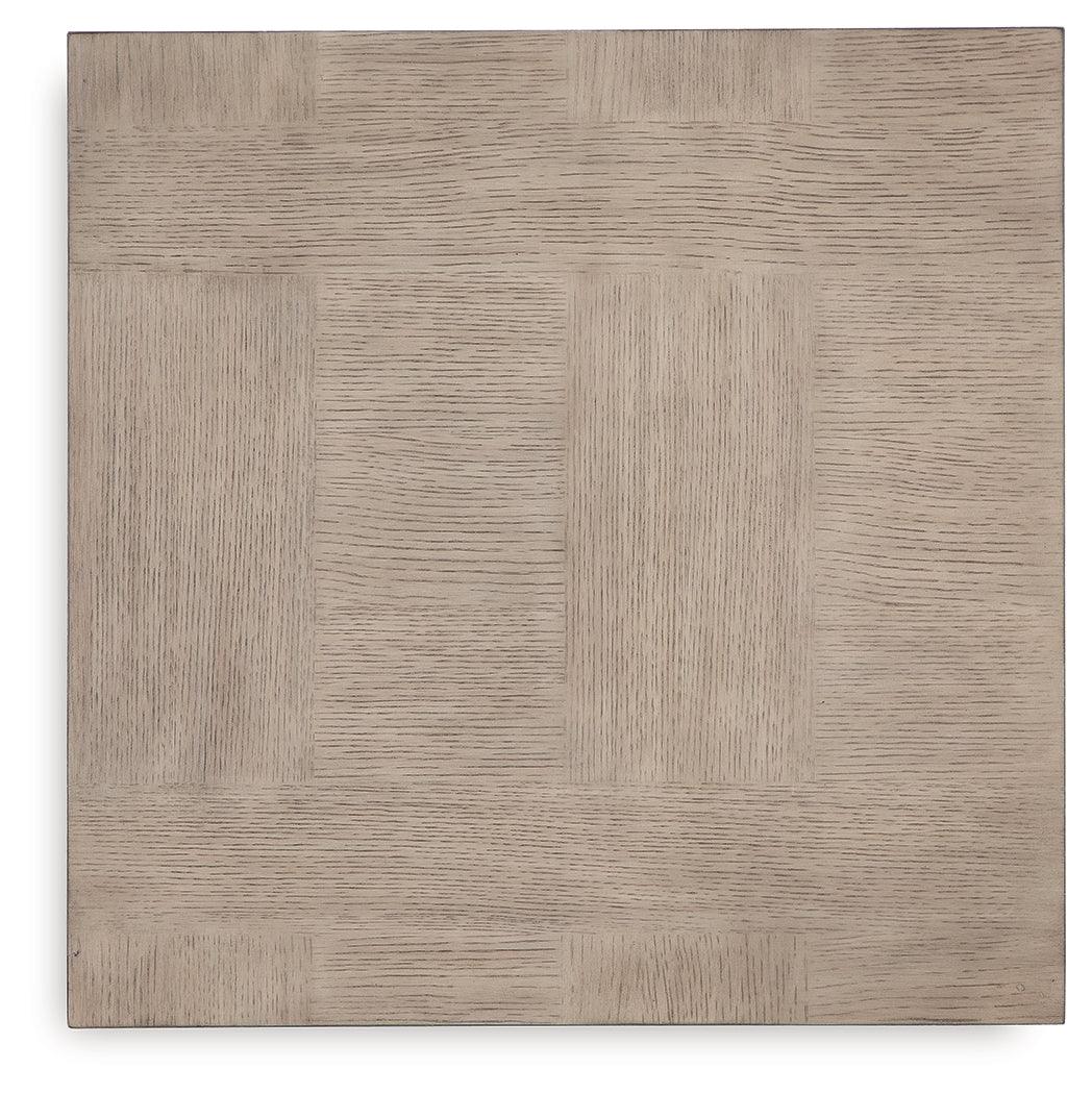 Jorlaina Light Grayish Brown End Table top view showing grain pattern