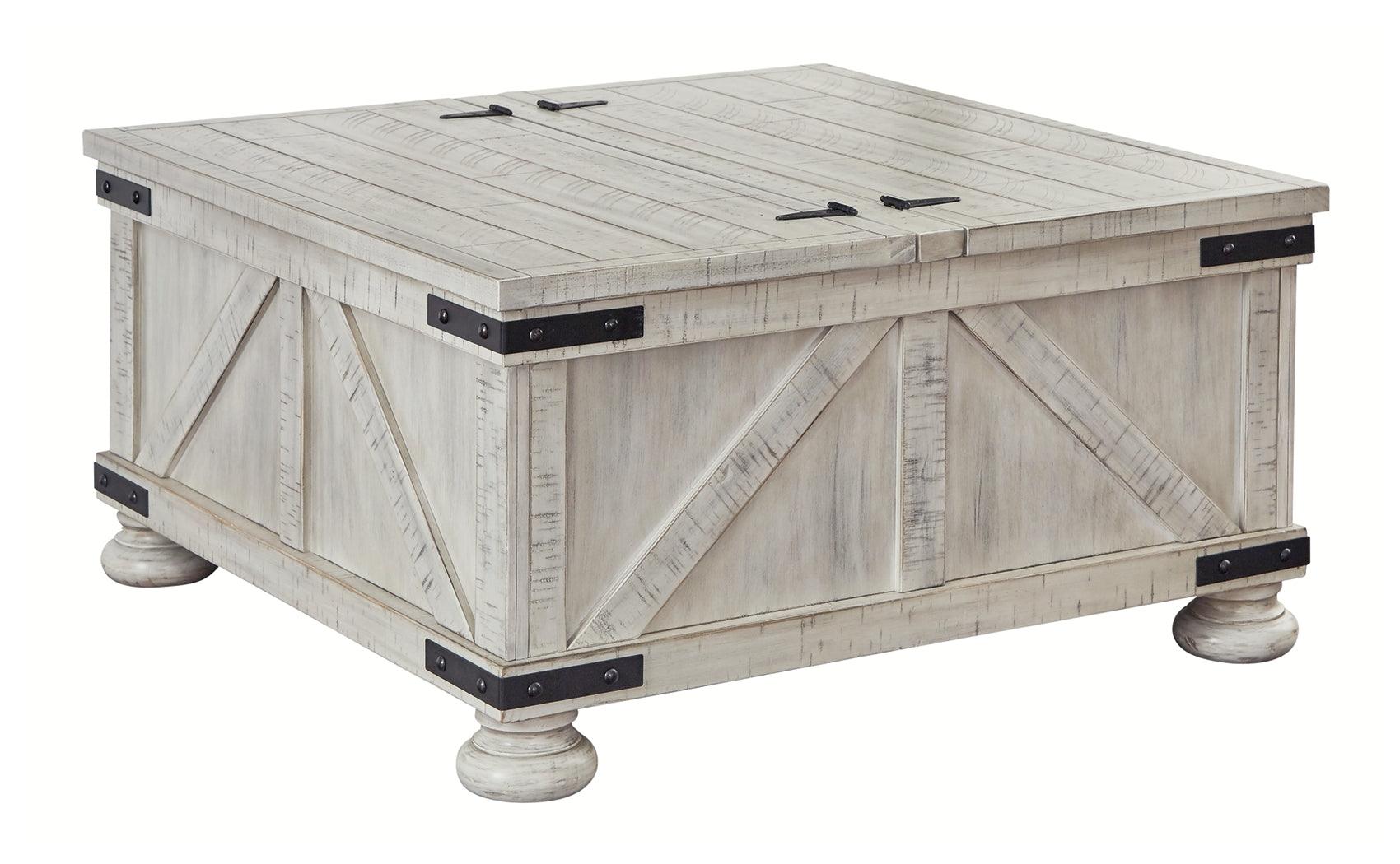 Side view of Carynhurst whitewash coffee table with closed lids