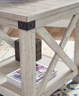 Close-up of Carynhurst end table metal bracket and crossbuck detail