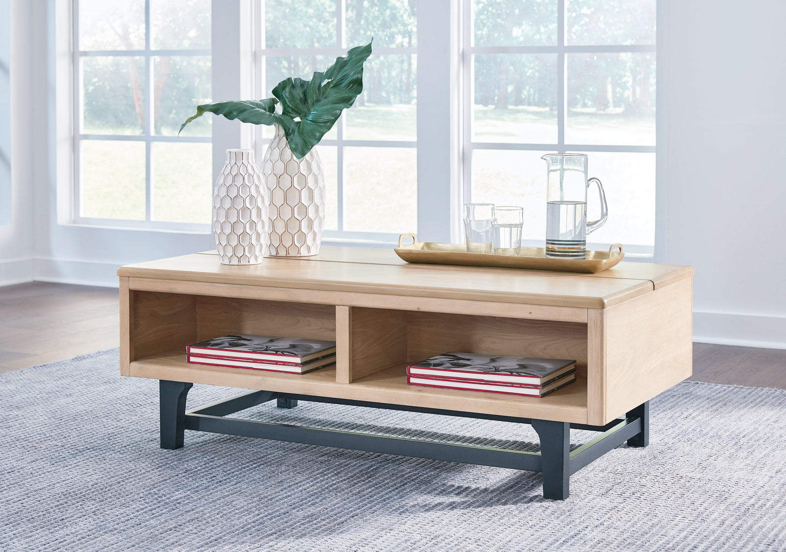 Freslowe Light Brown/Black Lift-top Coffee Table - Ella Furniture