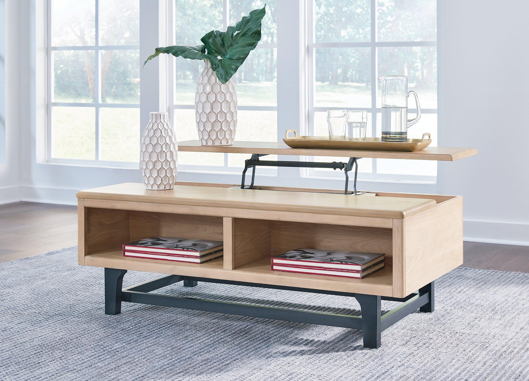 Freslowe Light Brown/Black Lift-top Coffee Table - Ella Furniture