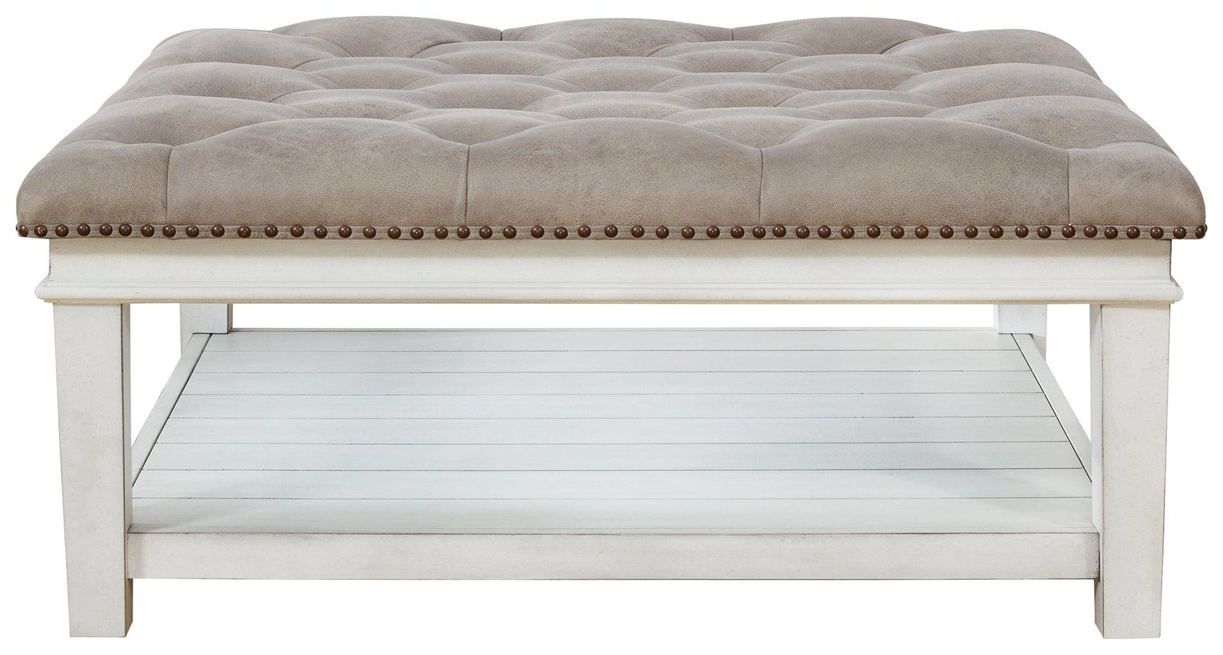 Kanwyn Whitewash Upholstered Ottoman Coffee Table nailhead trim detail