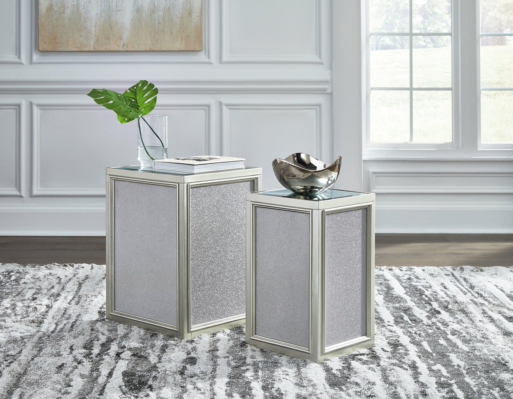 Traleena nesting tables showing metallic silver textured laminate finish
