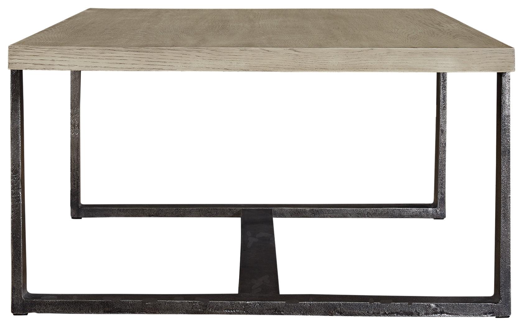 Dalenville Gray Coffee Table side profile showing metal base
