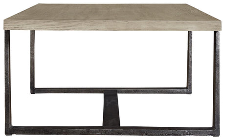 Dalenville Gray Coffee Table side profile showing metal base