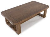 Cabalynn light brown coffee table with two end tables from front angle