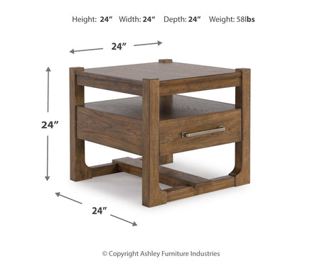 Cabalynn light brown coffee table with two end tables from front angle