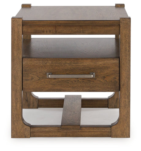 Cabalynn light brown coffee table with two end tables from front angle
