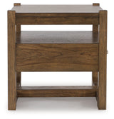 Cabalynn light brown coffee table with two end tables from front angle