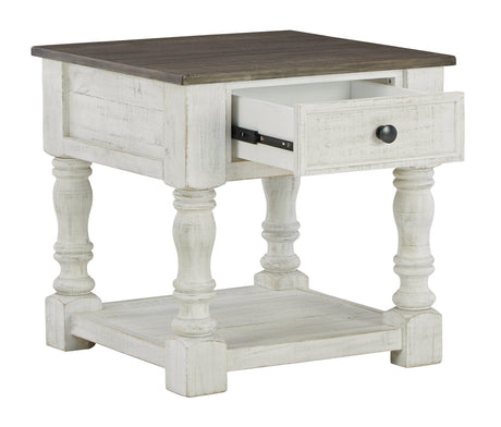 Havalance end table front view with drawers open
