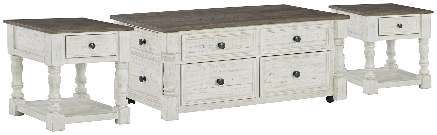 Havalance coffee table side angle showing drawer and turned posts