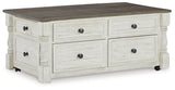 Close-up of Havalance coffee table drawer and hardware in white and gray finish