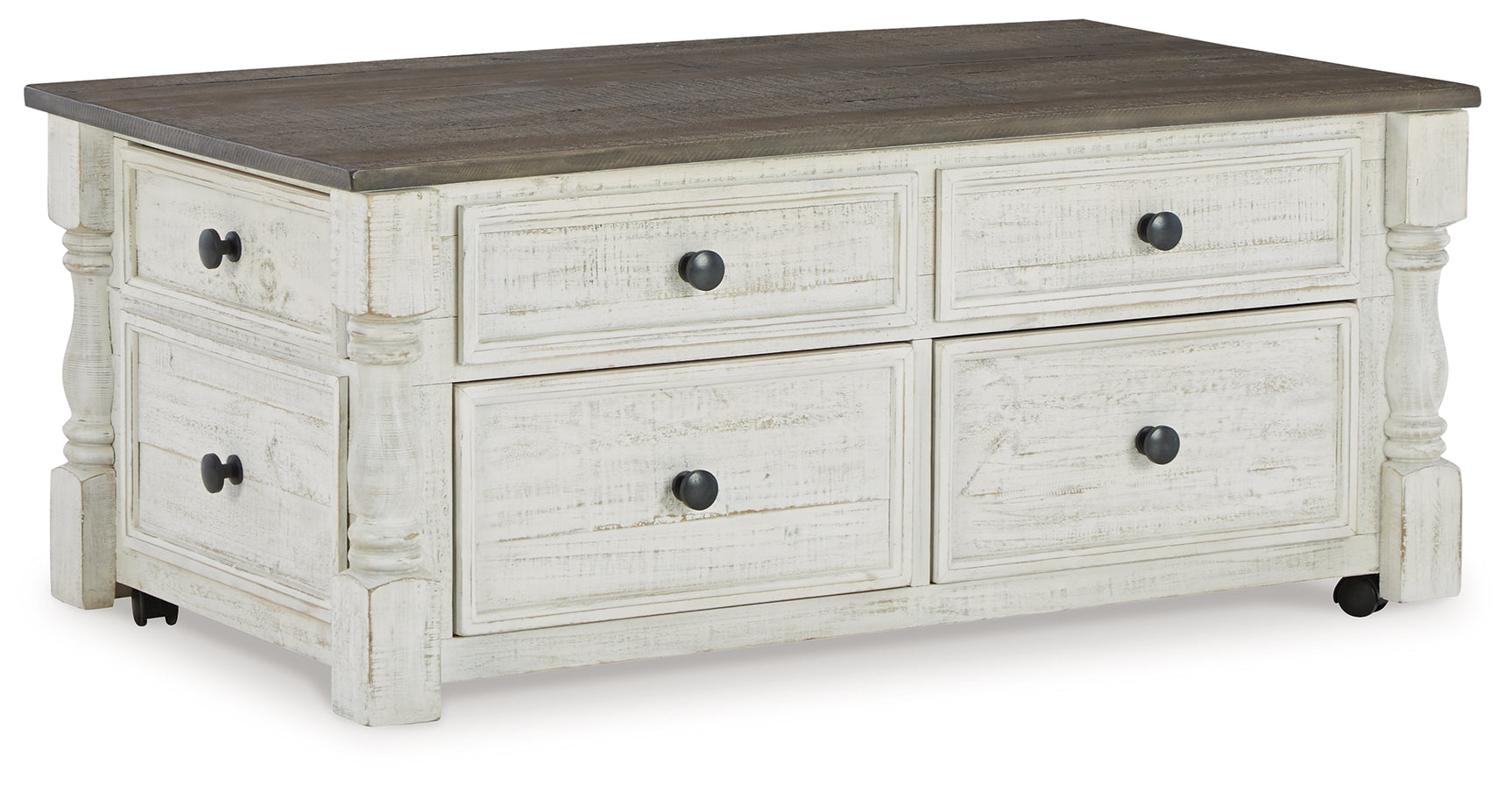 Close-up of Havalance coffee table drawer and hardware in white and gray finish