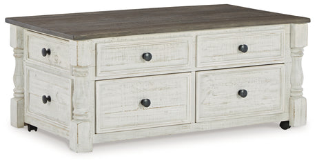 Close-up of Havalance coffee table drawer and hardware in white and gray finish
