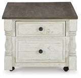 Front angle of Havalance coffee table showing raised drawer fronts