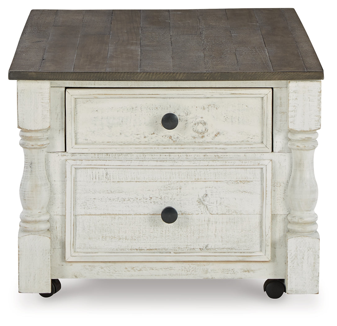 Front angle of Havalance coffee table showing raised drawer fronts