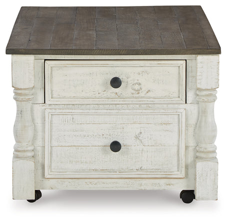 Front angle of Havalance coffee table showing raised drawer fronts