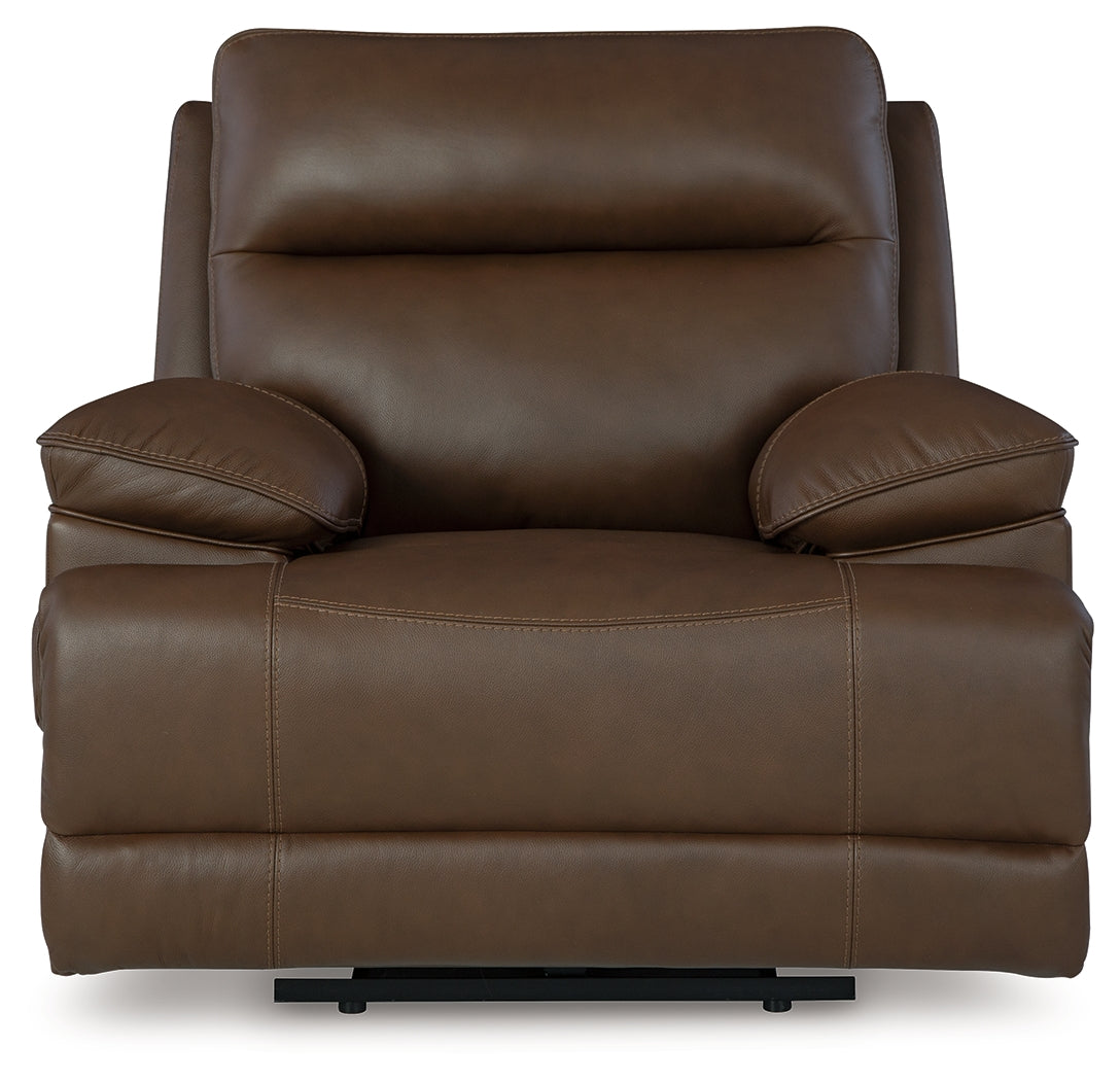 Reclining position of VonRyan Tobacco Leather Power Recliner