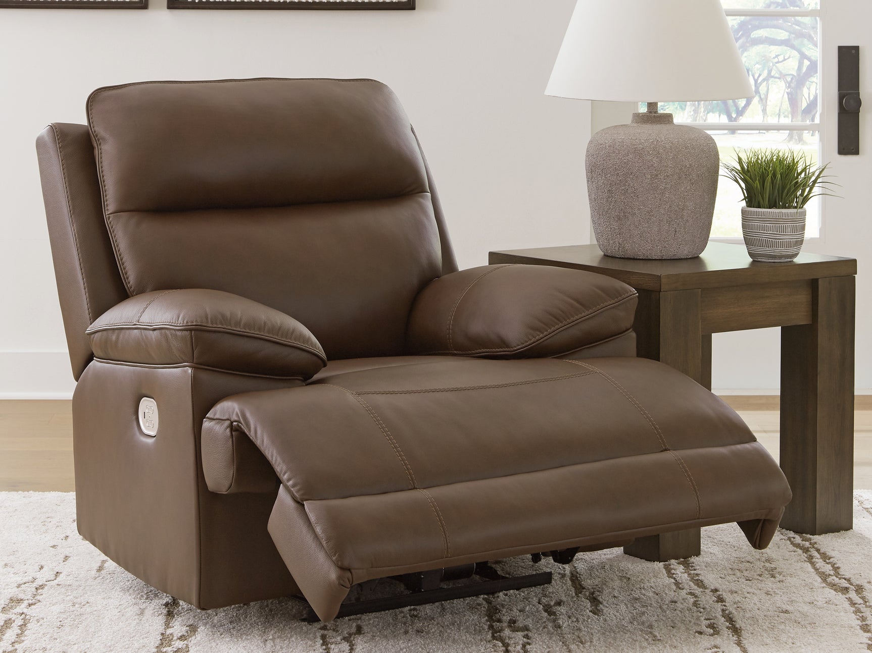 Side view showing profile of VonRyan Tobacco Leather Power Recliner