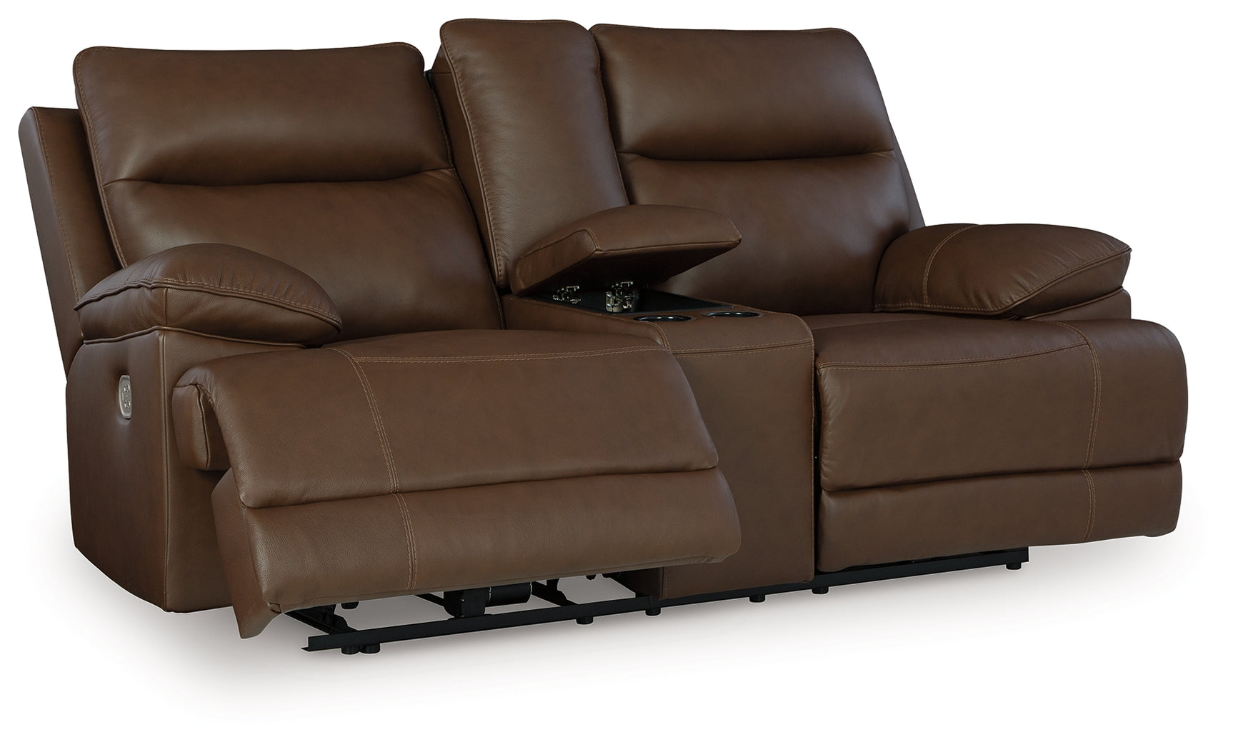 VonRyan Tobacco leather power reclining loveseat angled view with seat open