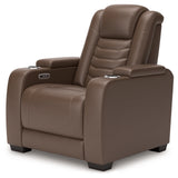 reclining view of High Impact Tobacco Leather Power Recliner recliner