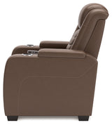 reclining view of High Impact Tobacco Leather Power Recliner recliner