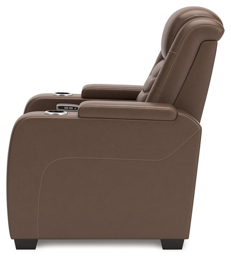 Angled reclining view of High Impact Tobacco Leather Power Recliner