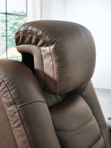 reclining view of High Impact Tobacco Leather Power Recliner recliner