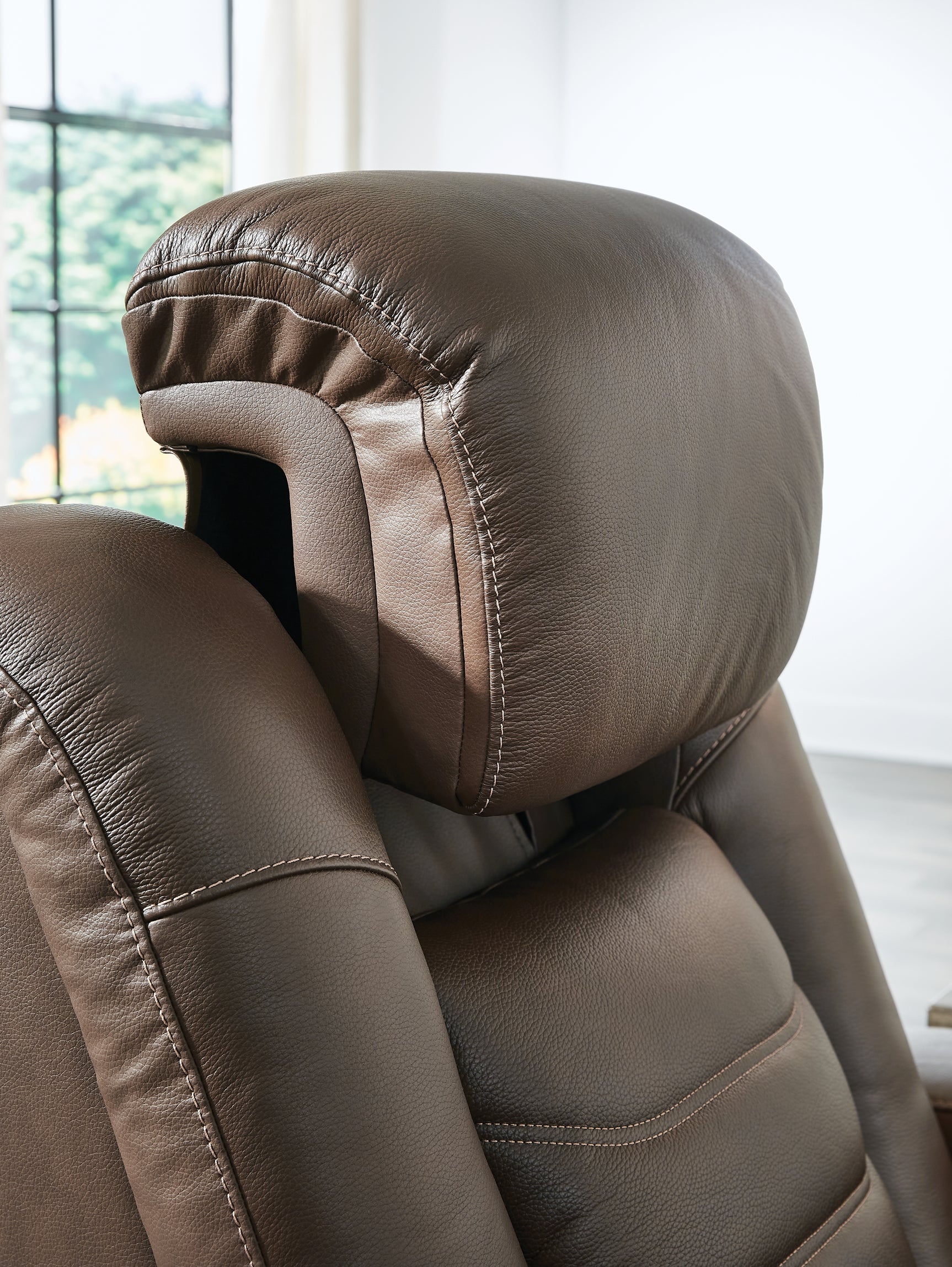 reclining view of High Impact Tobacco Leather Power Recliner recliner