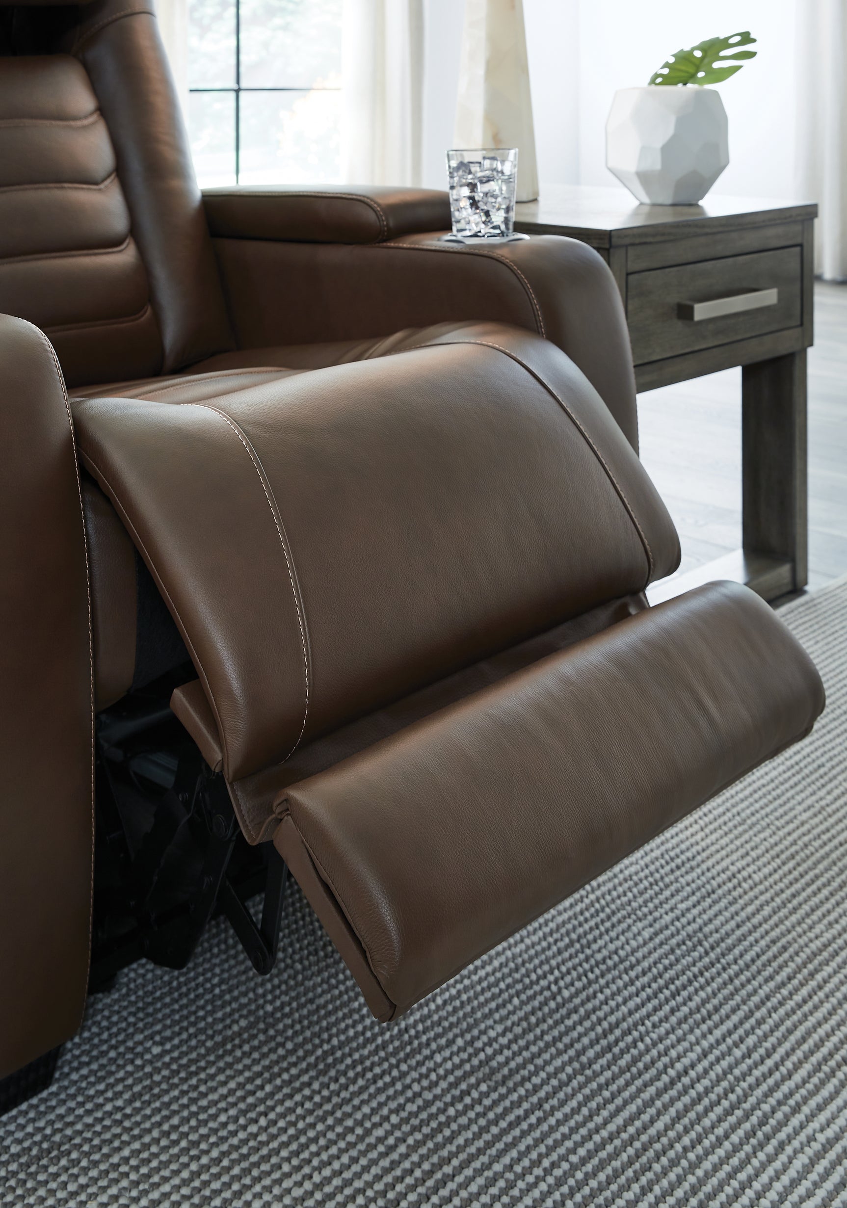 side view of High Impact Tobacco Leather Power Recliner recliner