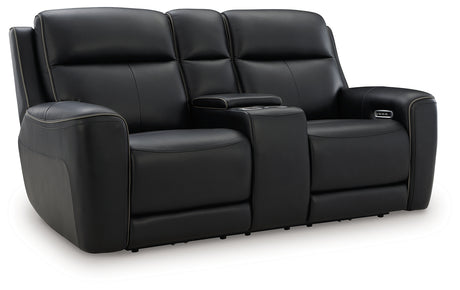 Side angle of 5Z-Comfort Onyx Reclining Loveseat showing console