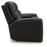 Side profile of loveseat upholstery and stitching details