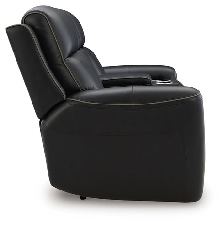 Side profile of loveseat upholstery and stitching details