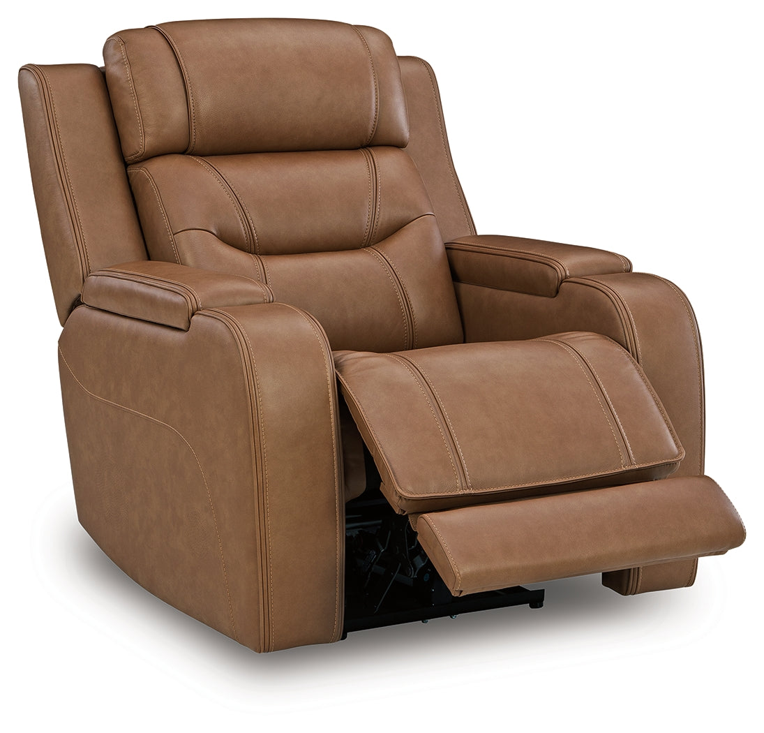 Reclining position of Knightington Caramel Leather Power Recliner