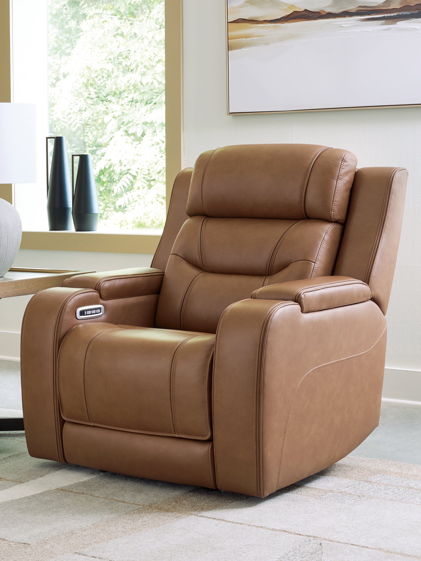 main view of Knightington Caramel Leather Power Recliner with Audio Seating recliner