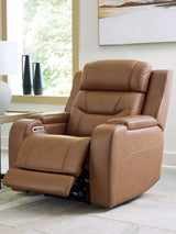 Fully reclined Knightington Caramel Leather Power Recliner