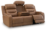 Knightington Caramel Leather Power Reclining Sofa with Audio Seating