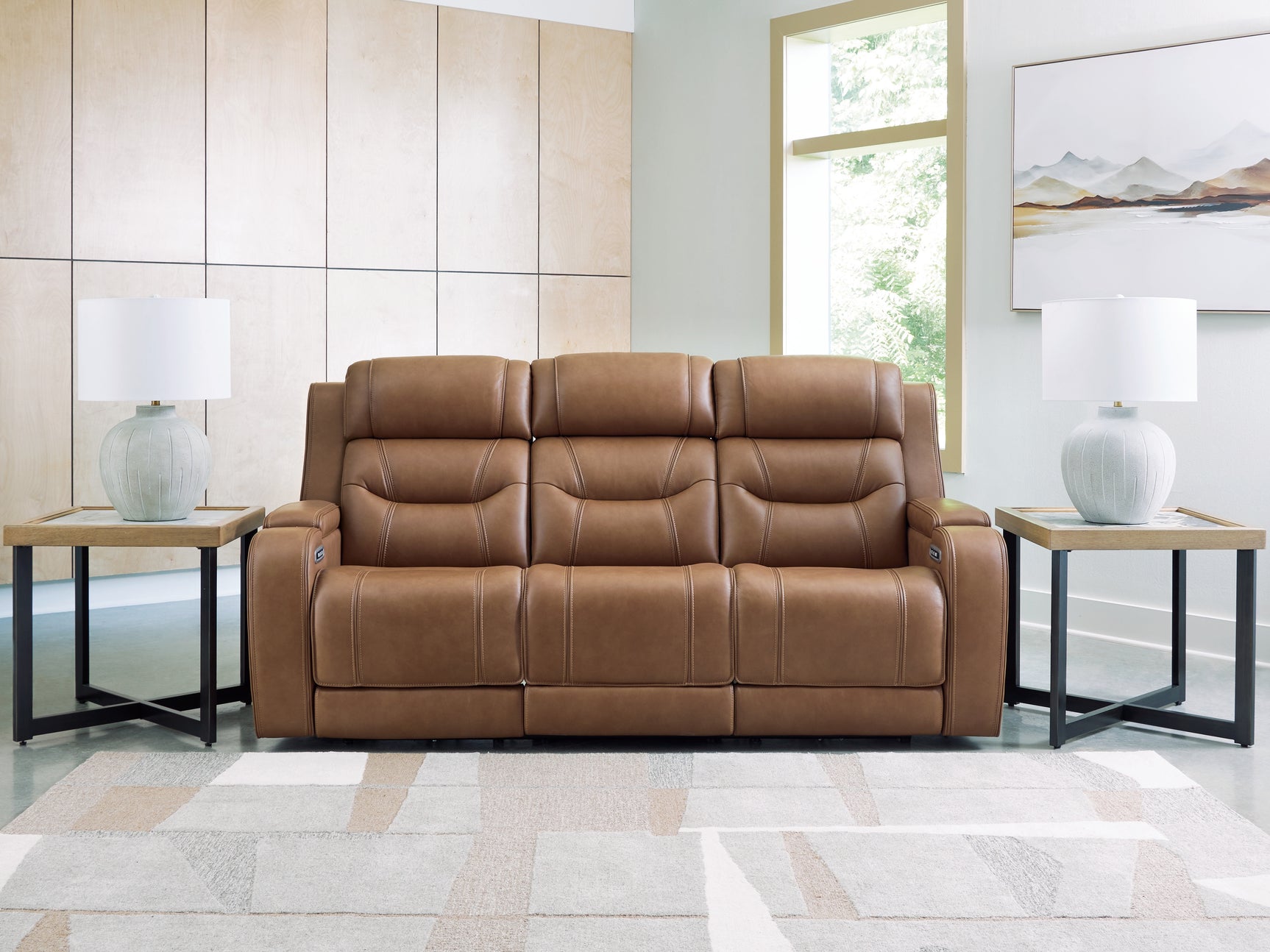Knightington Caramel Leather Power Reclining Sofa with Audio Seating