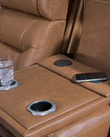 Knightington Caramel Leather Power Reclining Sofa with Audio Seating