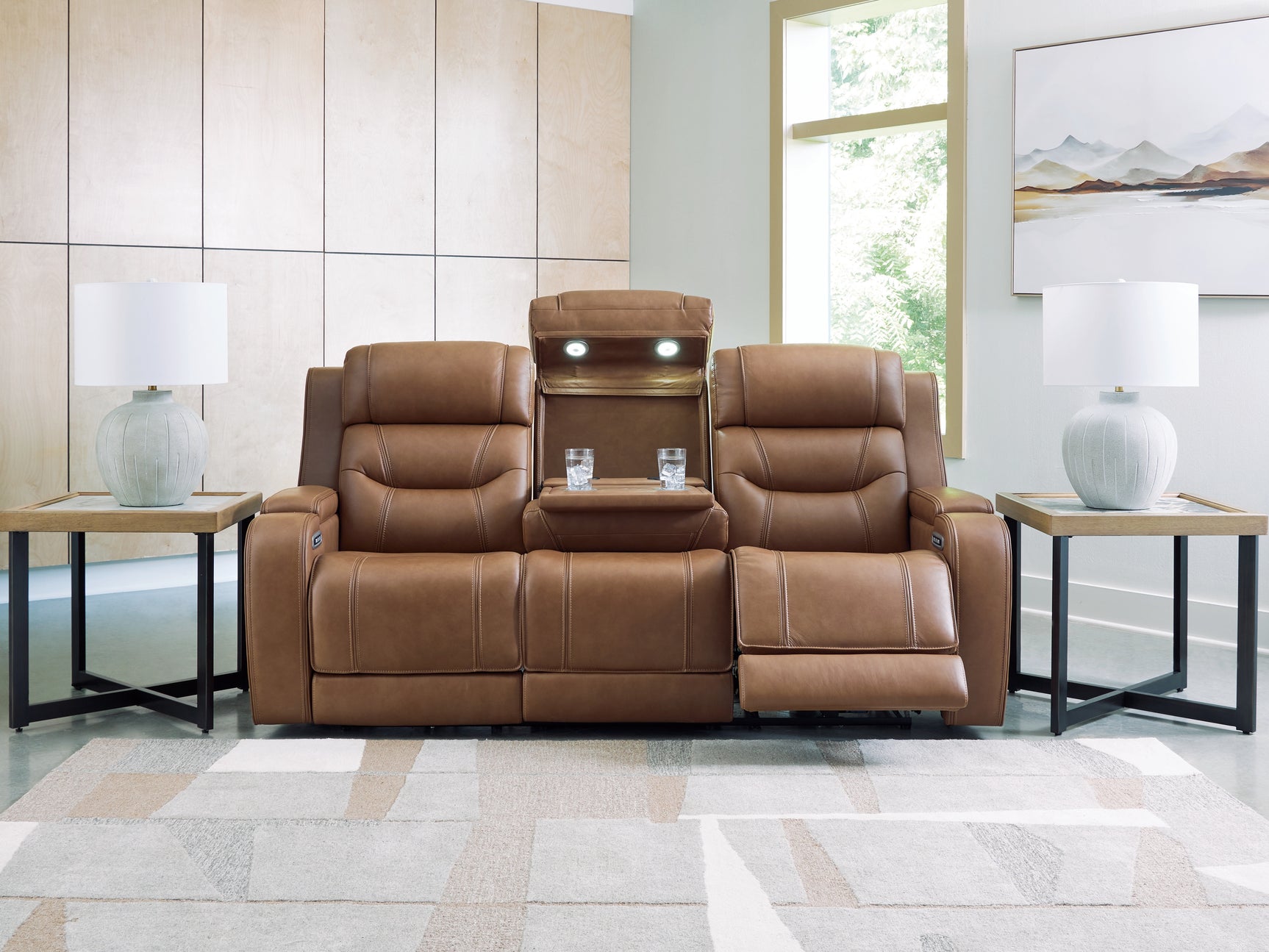 Knightington Caramel Leather Power Reclining Sofa with Audio Seating