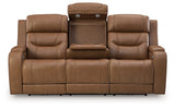 Knightington Caramel Leather Power Reclining Sofa with Audio Seating