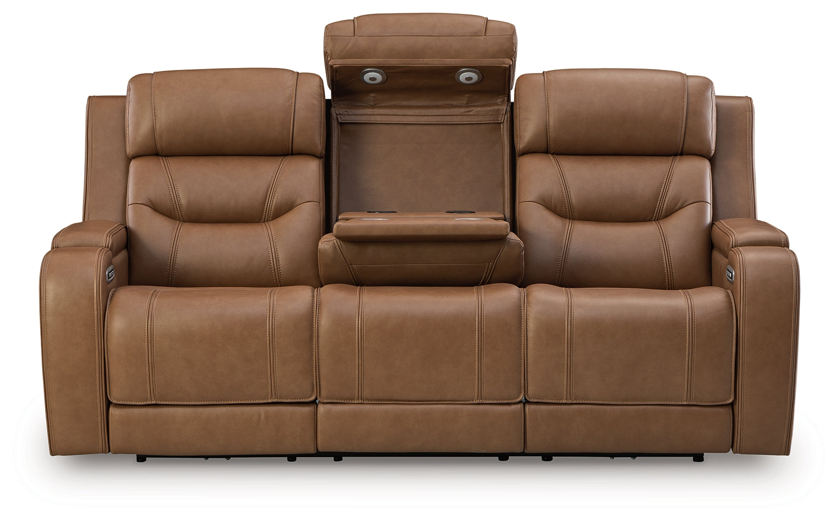Knightington Caramel Leather Power Reclining Sofa with Audio Seating